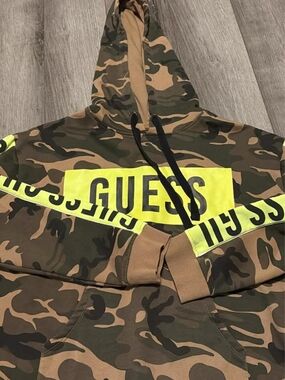 GUESS Camo Hoodie with Neon Yellow Logo